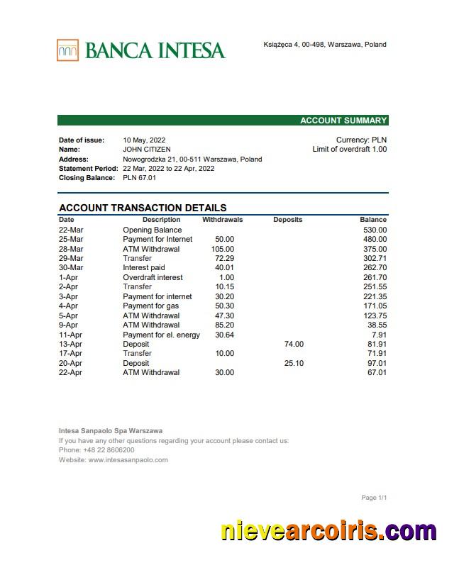 Poland Banca Intesa bank statement